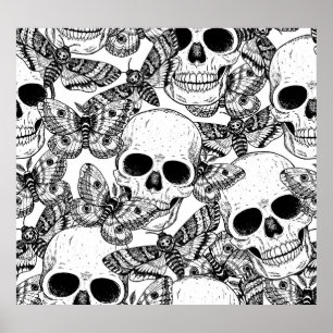 Schädel, Schmetterlinge: handgezeichnet Vintages M Poster