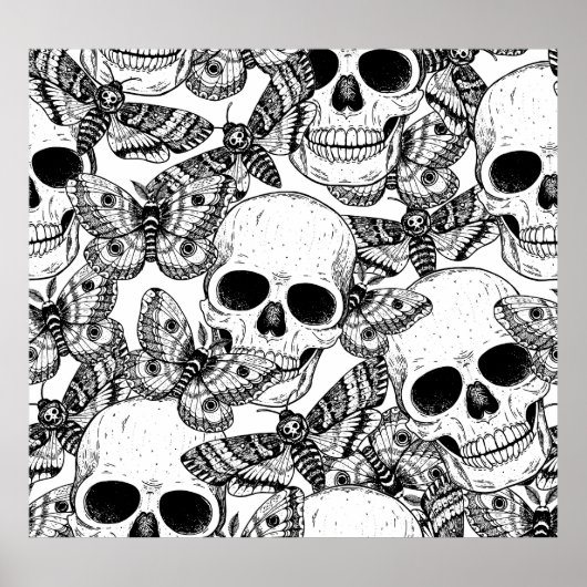 Schädel, Schmetterlinge: handgezeichnet Vintages M Poster (Vorne)