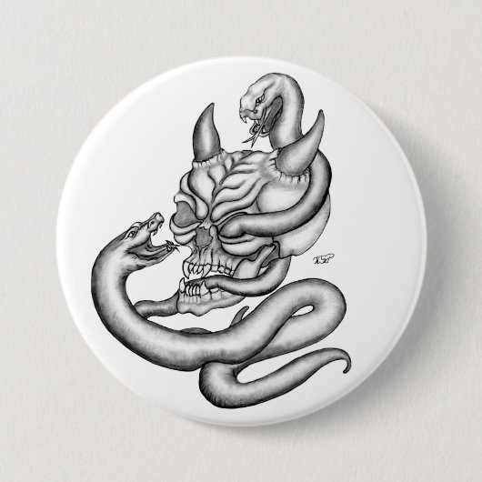 Schädel - Teufelsköpfe mit Schlange Button (Vorderseite)