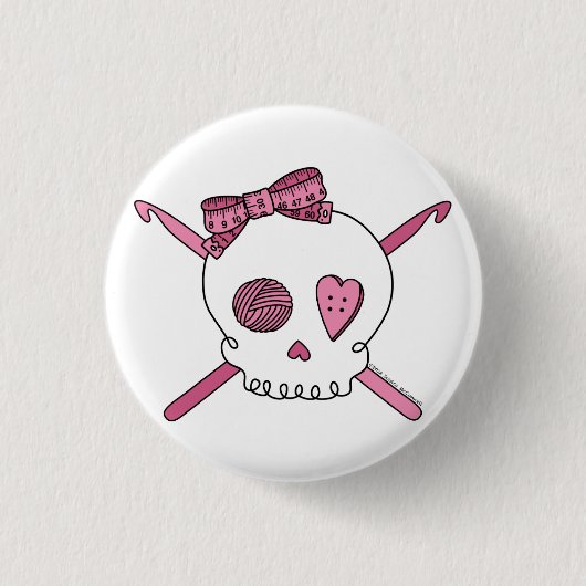 Schädel-u. Häkelarbeit-Haken (Rosa) Button (Vorderseite)