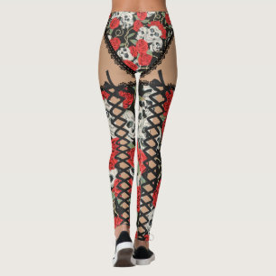 Schädel u. Rosen (schnüren Sie sich oben) Leggings