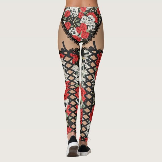 Schädel u. Rosen (schnüren Sie sich oben) Leggings (Rückseite)