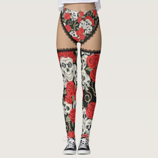 Schädel u. Rosen (schnüren Sie sich oben) Leggings (Vorderseite)