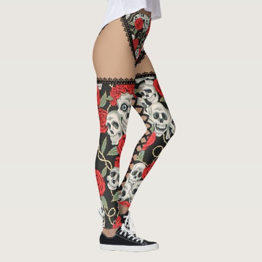 Schädel u. Rosen (schnüren Sie sich oben) Leggings (Rechts)