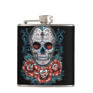 Schädel u. Rosen-Vinyl eingewickelte Flasche Flachmann