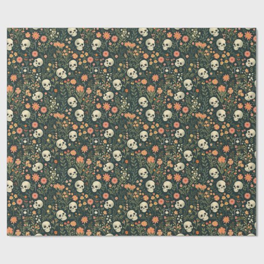 Schädel und Blume Grünes Halloween Geschenkpapier (Flach)