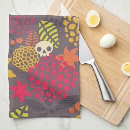 Schädel und Blumen Geschirrtuch (Viertel Falte)