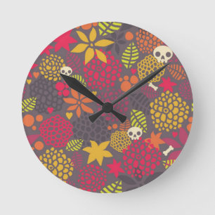 Schädel und Blumen Runde Wanduhr
