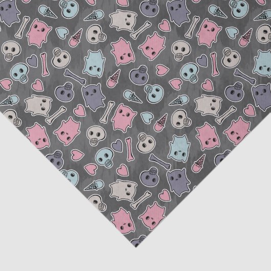 Schädel und Herzen auf schwarzem Hintergrund Seidenpapier (Ausschnitt)