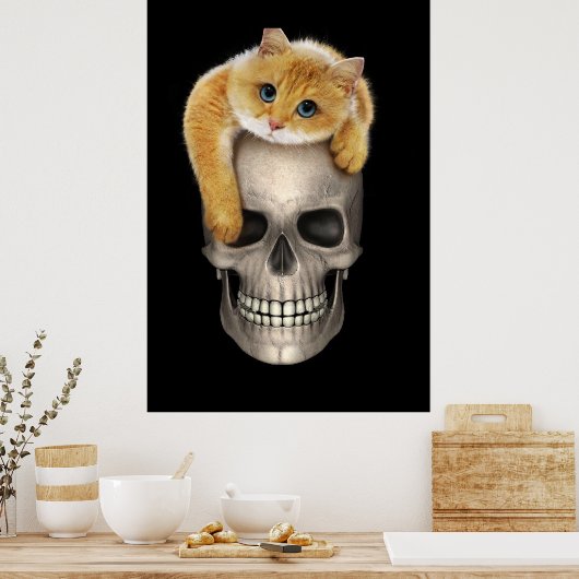 Schädel und Katze Poster (Küche)