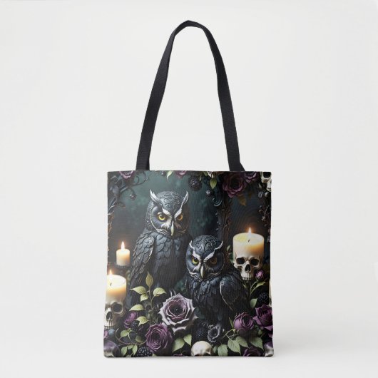 Schädel und Kerzen der schwarzen Eule Tasche (Vorderseite)