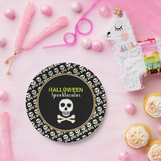 Schädel und Knochen, Neon-Halloween-Party Pappteller (Party)