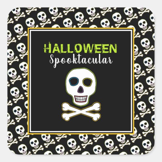 Schädel und Knochen, Neon-Halloween-Party Quadratischer Aufkleber (Vorderseite)