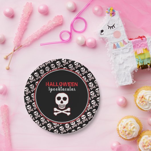 Schädel und Knochen, rotes Halloween-Party Pappteller (Party)