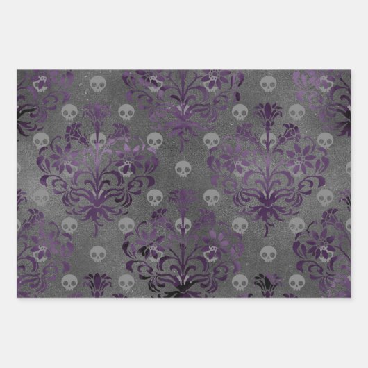 Schädel und Lila Damaskus auf Grau Geschenkpapier Set (Vorderseite 3)