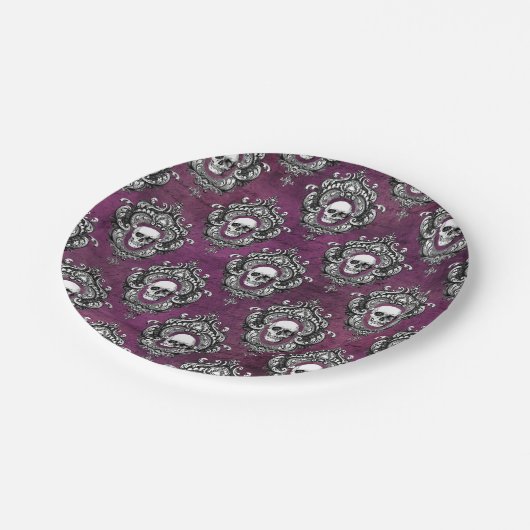 Schädel und Lila Gotik Pappteller (Schrägansicht)