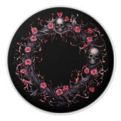 Schädel und rosa Rosen Keramikknauf (Vorderseite)