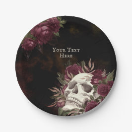 Schädel und Rose Burgund Black Grunge Personalisie Pappteller