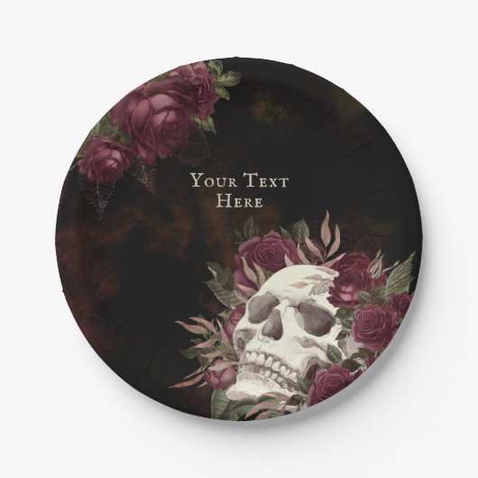 Schädel und Rose Burgund Black Grunge Personalisie Pappteller (Vorderseite)