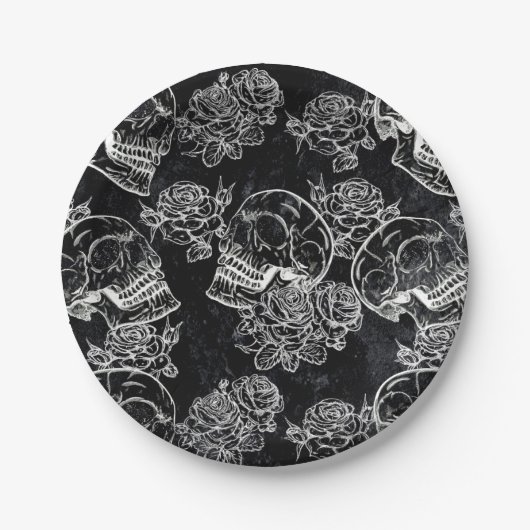 Schädel und Rose | Funky Gothic Glam Grunge Pappteller (Vorderseite)