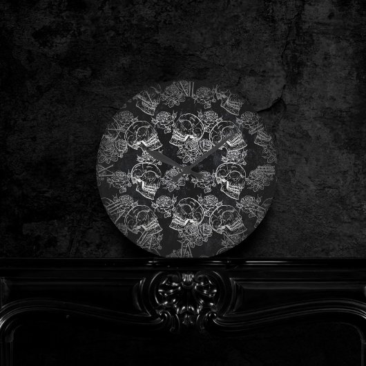 Schädel und Rose | Gothic Glam Funky Grunge Runde Wanduhr