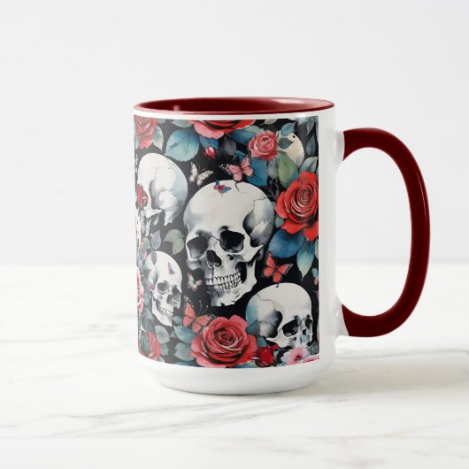 Schädel und Rose mit Schmetterlingen auf Schwarz Tasse (Rechts)