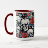 Schädel und Rose mit Schmetterlingen auf Schwarz Tasse (Links)
