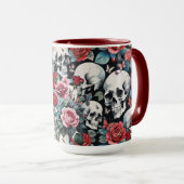 Schädel und Rose mit Schmetterlingen auf Schwarz Tasse (VorderseiteRechts)