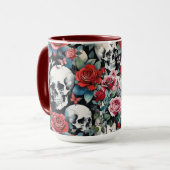Schädel und Rose mit Schmetterlingen auf Schwarz Tasse (Vorderseite Links)