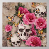 Schädel und Rose mit Schmetterlingsakzenten Poster (Vorne)