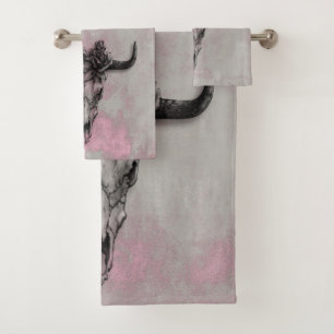 Schädel und Rose Rustikal Rosa Grau Badhandtuch Set