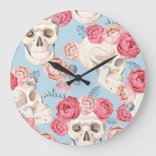Schädel und Rose Vintages Muster Große Wanduhr (Vorderseite)