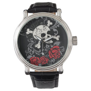 Schädel und Rosen-Uhr Armbanduhr