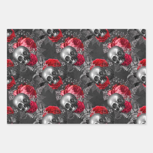 Schädel und rote Blume auf Grau Geschenkpapier Set (Vorderseite)