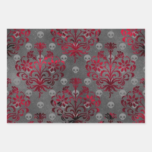 Schädel und rote Damaskus auf Grau Geschenkpapier Set (Vorderseite)