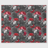 Schädel und Rote Rosen auf Grau Geschenkpapier (Flach)