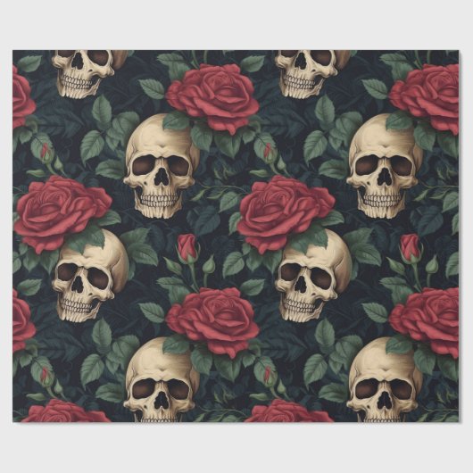 Schädel und Rote Rosen Geschenkpapier (Flach)
