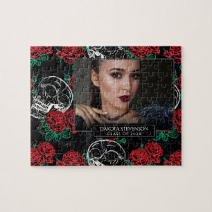 Schädel und Rote Rosen   Glam Goth Abschluss Foto Puzzle