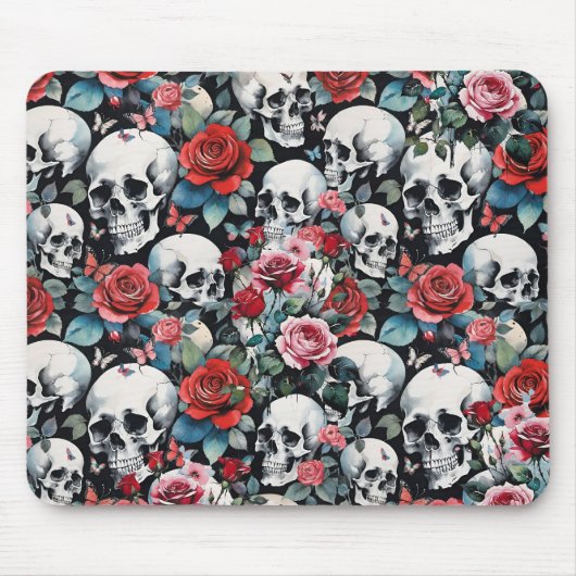 Schädel und Rote Rosen mit Schmetterlingen Mousepad (Vorne)
