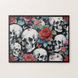 Schädel und Rote Rosen mit Schmetterlingen Puzzle