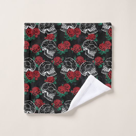 Schädel und Rote Rosen | Modern Gothic Glam Grunge Badhandtuch Set (Waschlappen)