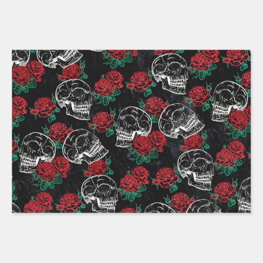Schädel und Rote Rosen | Modern Gothic Glam Grunge Geschenkpapier Set (Vorderseite)