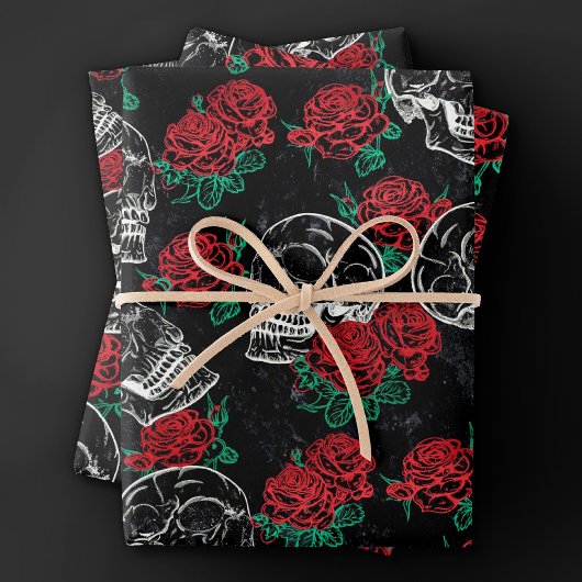 Schädel und Rote Rosen | Modern Gothic Glam Grunge Geschenkpapier Set