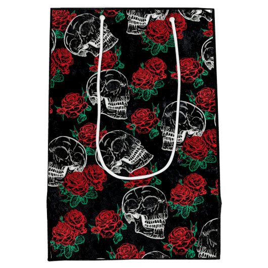 Schädel und Rote Rosen | Modern Gothic Glam Grunge Mittlere Geschenktüte (Rückseite)