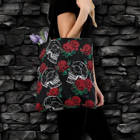 Schädel und Rote Rosen | Modern Gothic Glam Grunge Tasche