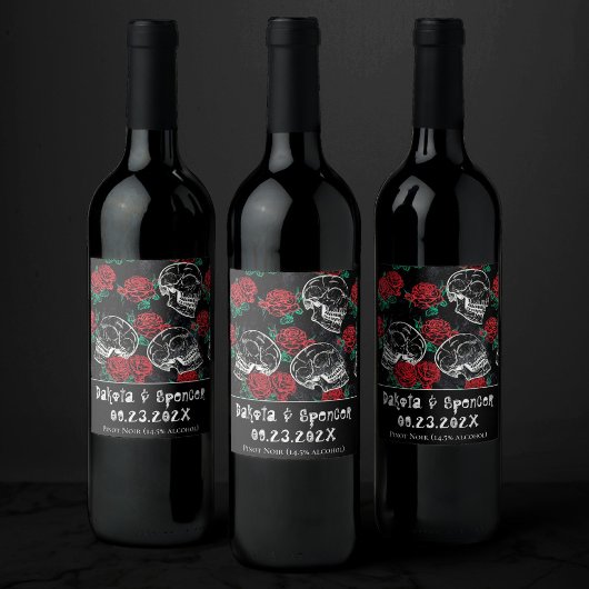 Schädel und Rote Rosen | Moderne Gotik Danke Weinetikett