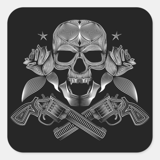 Schädel und Sterne mit Rose und überquerten Kanone Quadratischer Aufkleber (Vorderseite)