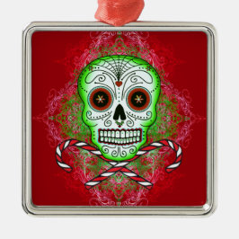 Schädel und Zuckerstange-quadratische Silbernes Ornament