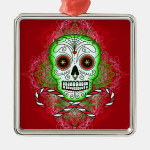 Schädel und Zuckerstange-quadratische Silbernes Ornament