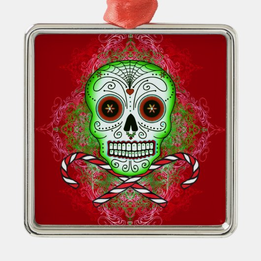 Schädel und Zuckerstange-quadratische Silbernes Ornament (Vorne)